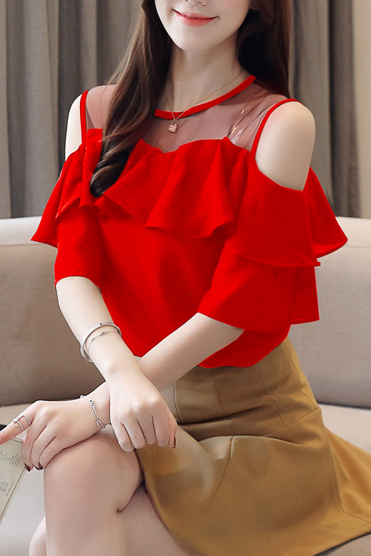 Women's Chiffon Ruffle Off Shoulder Mesh Blouse Top
