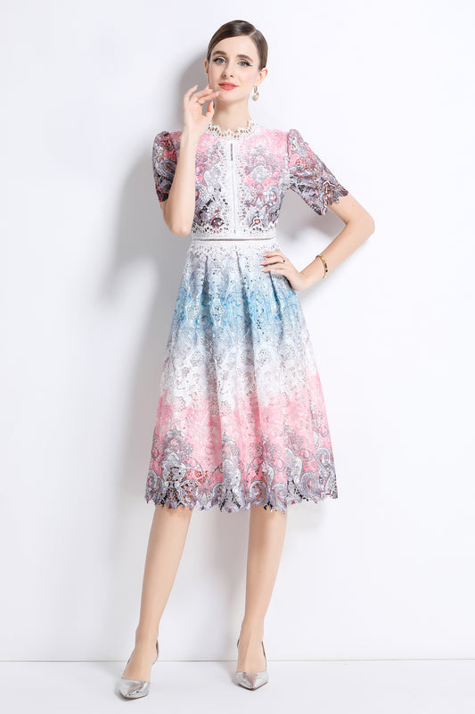 Women's Lace Floral Crochet Waist Midi Dress