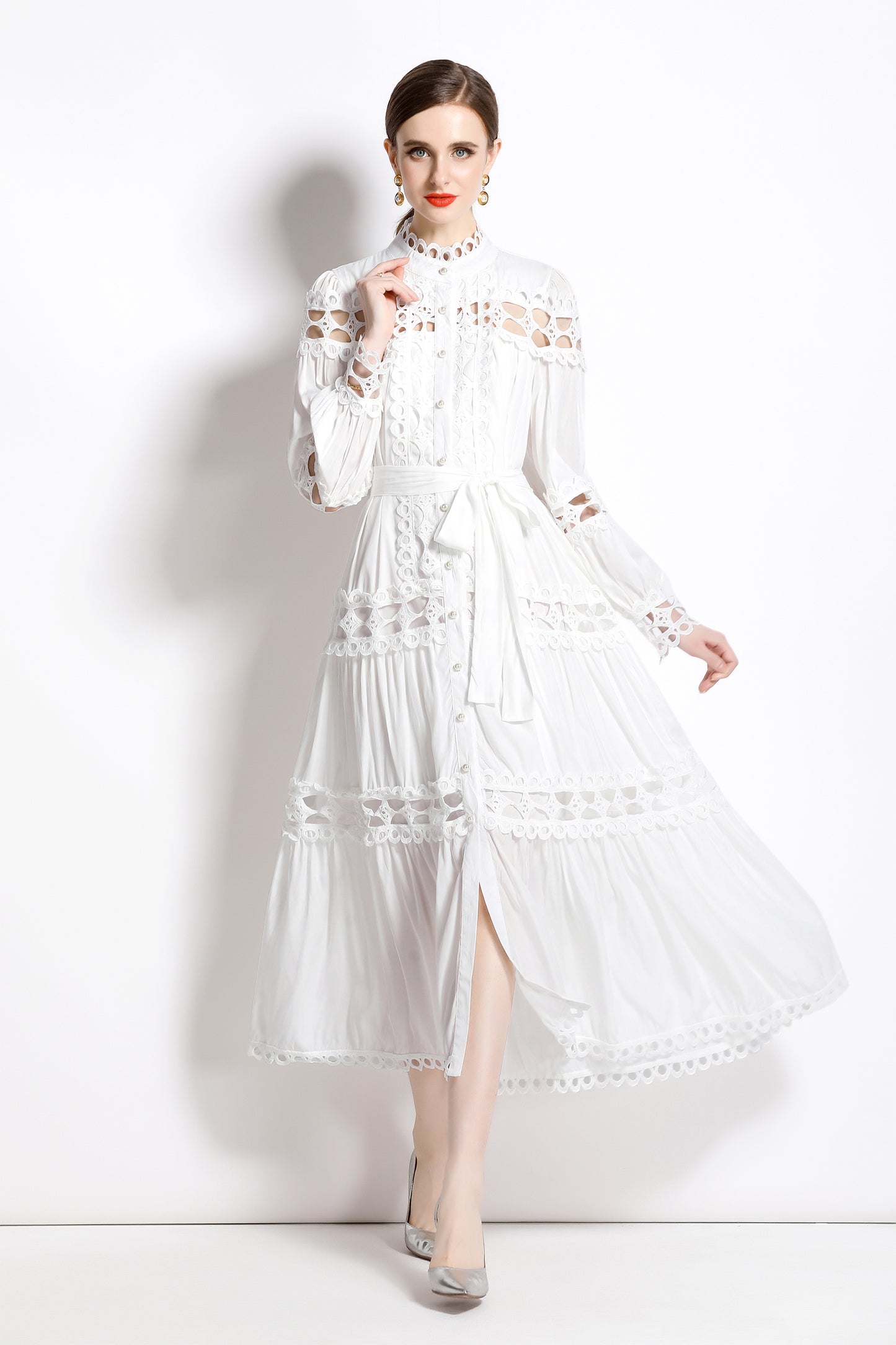 Women's Hollow Lace Puff Sleeve Split Maxi Dress