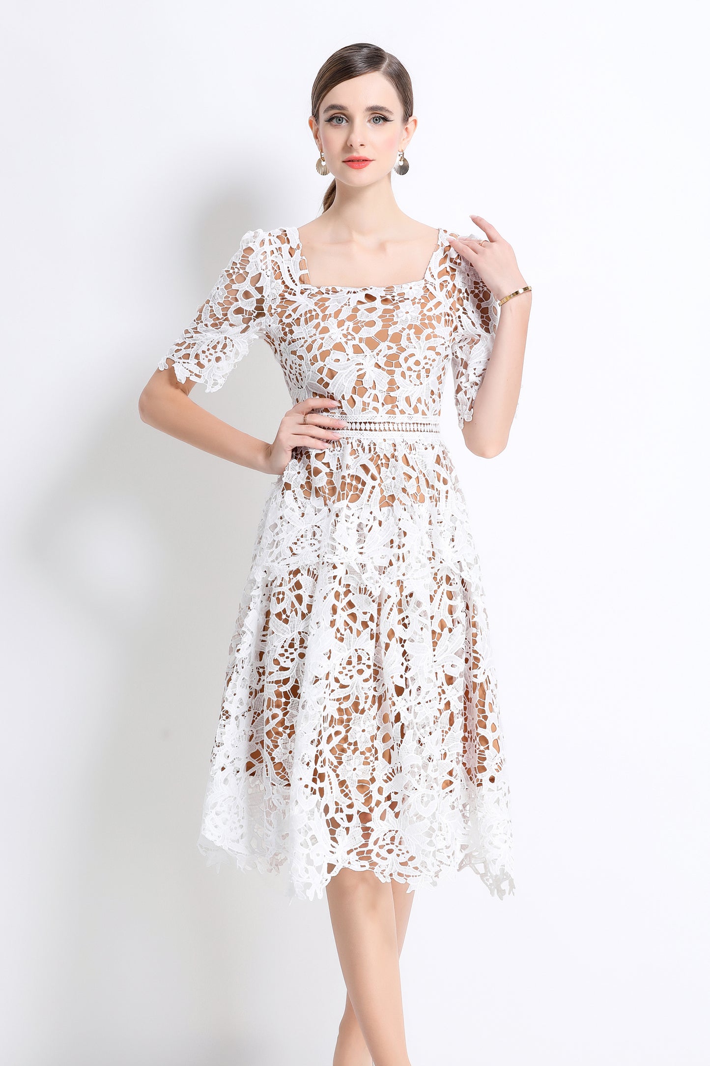 Women's Lace Square Neck Sort Sleeve Midi Dress