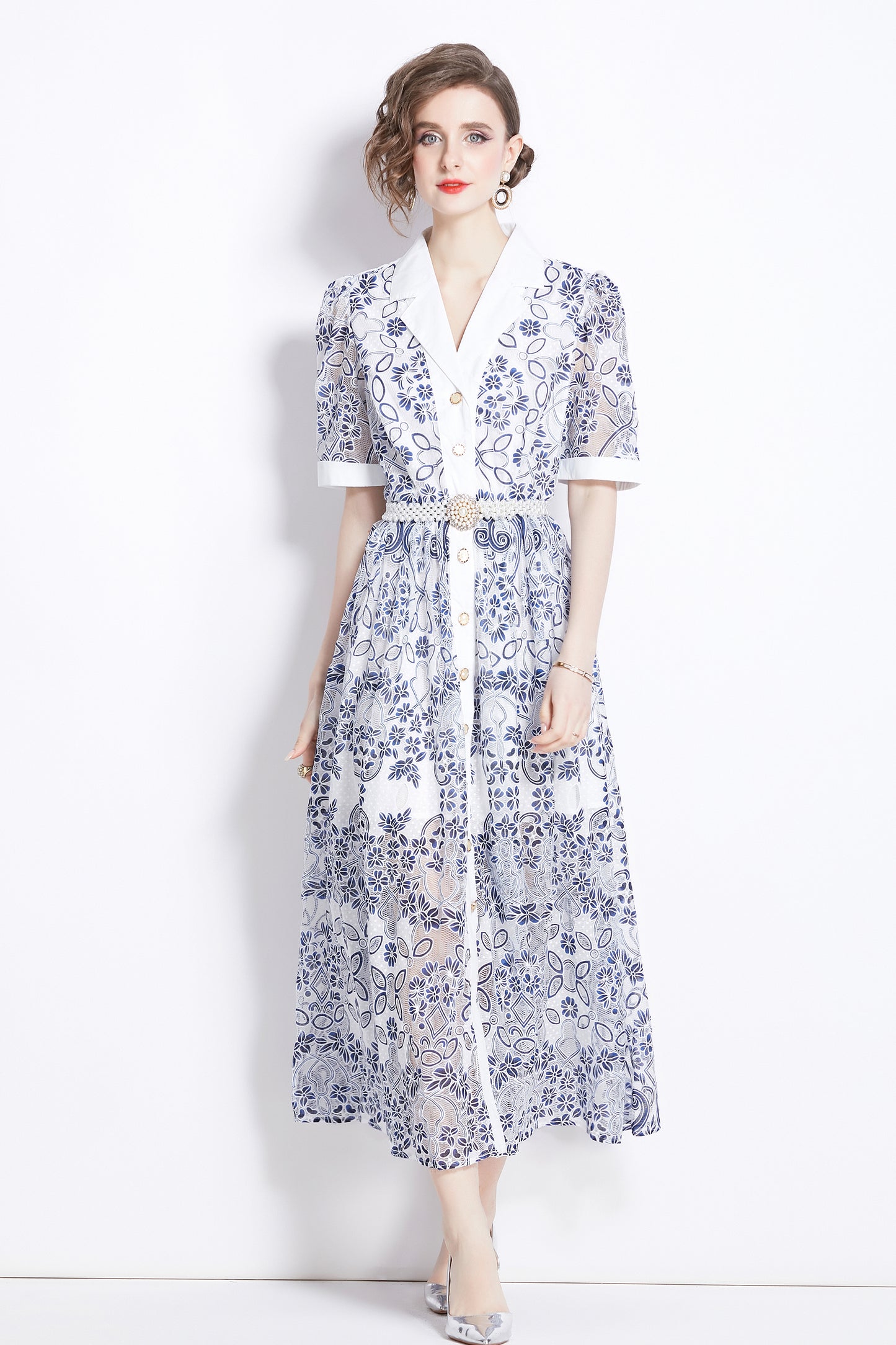 Women's Mesh Embroidery V-Neck Lace Maxi Dress