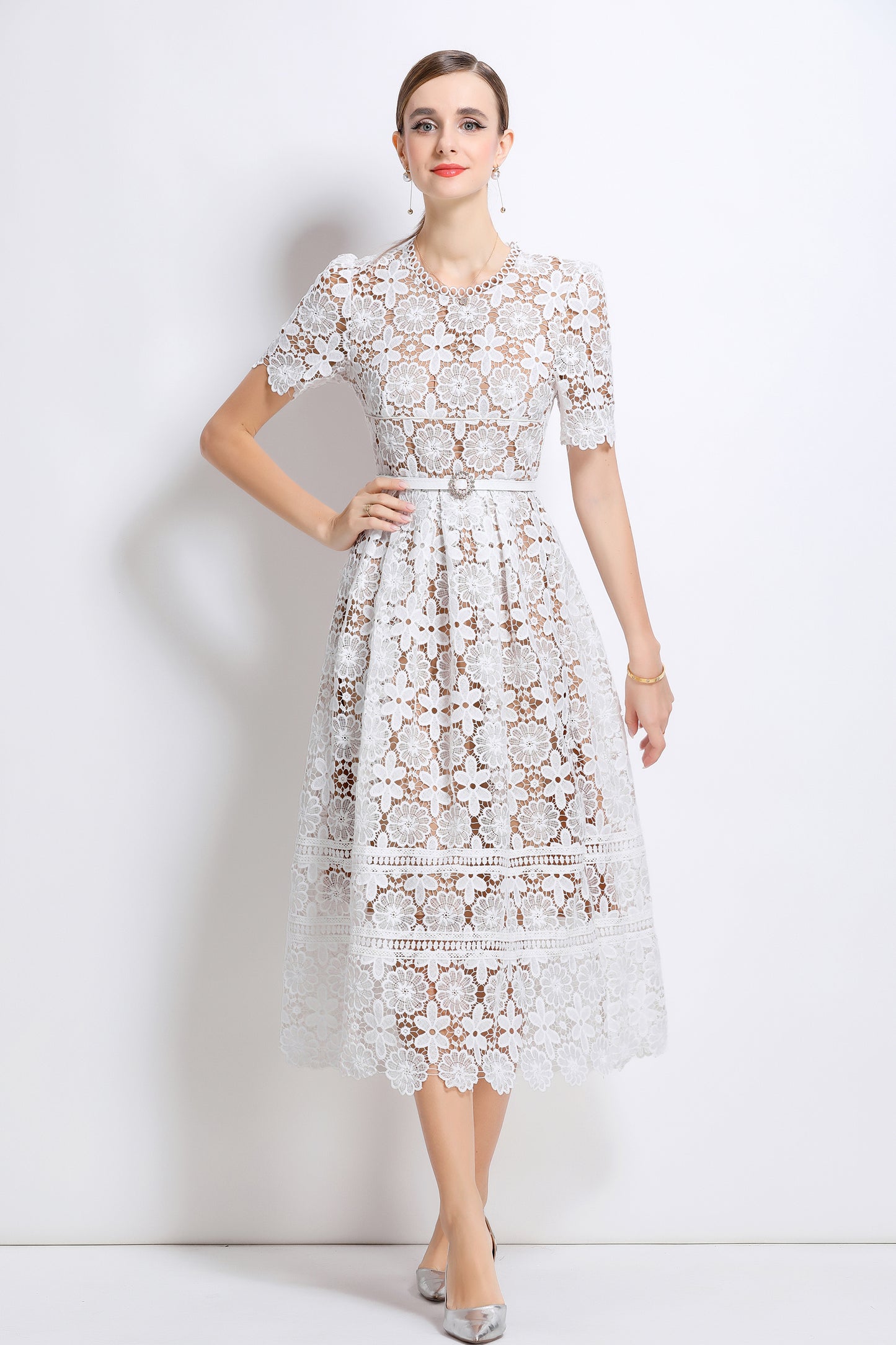 Women's Lace Floral Hollow Short Sleeve Midi Dress