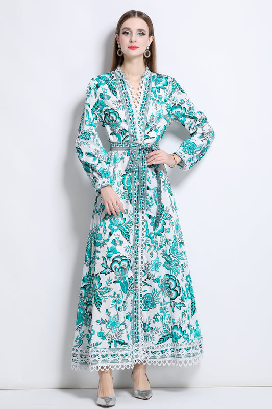 Women's Floral Print V-Neck Slit Maxi Dress