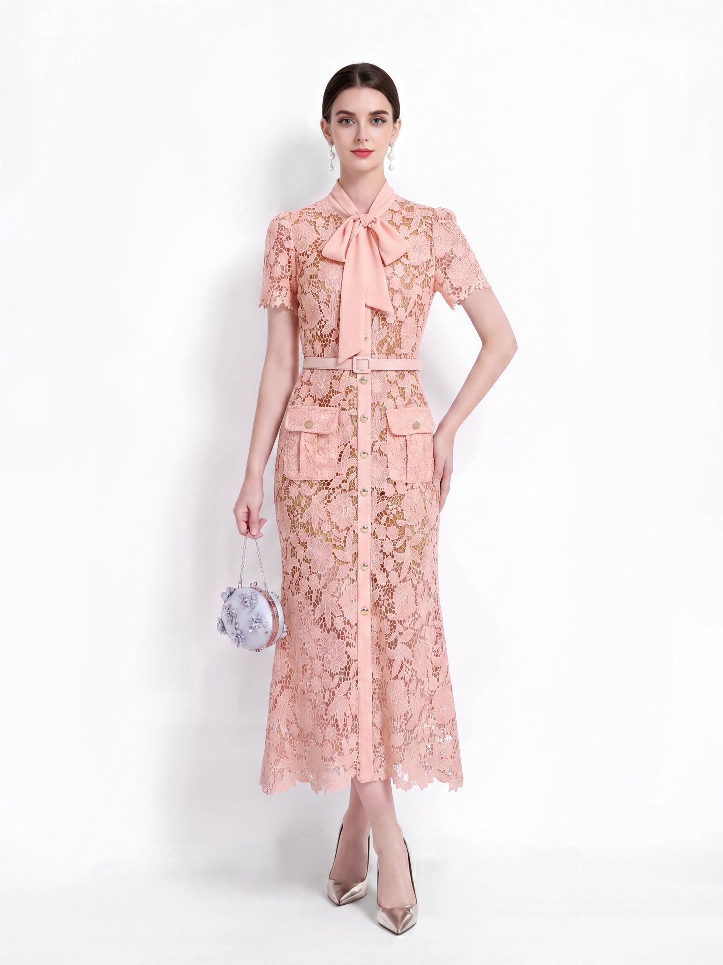Blush Pink Lace Midi Dress With Pockets