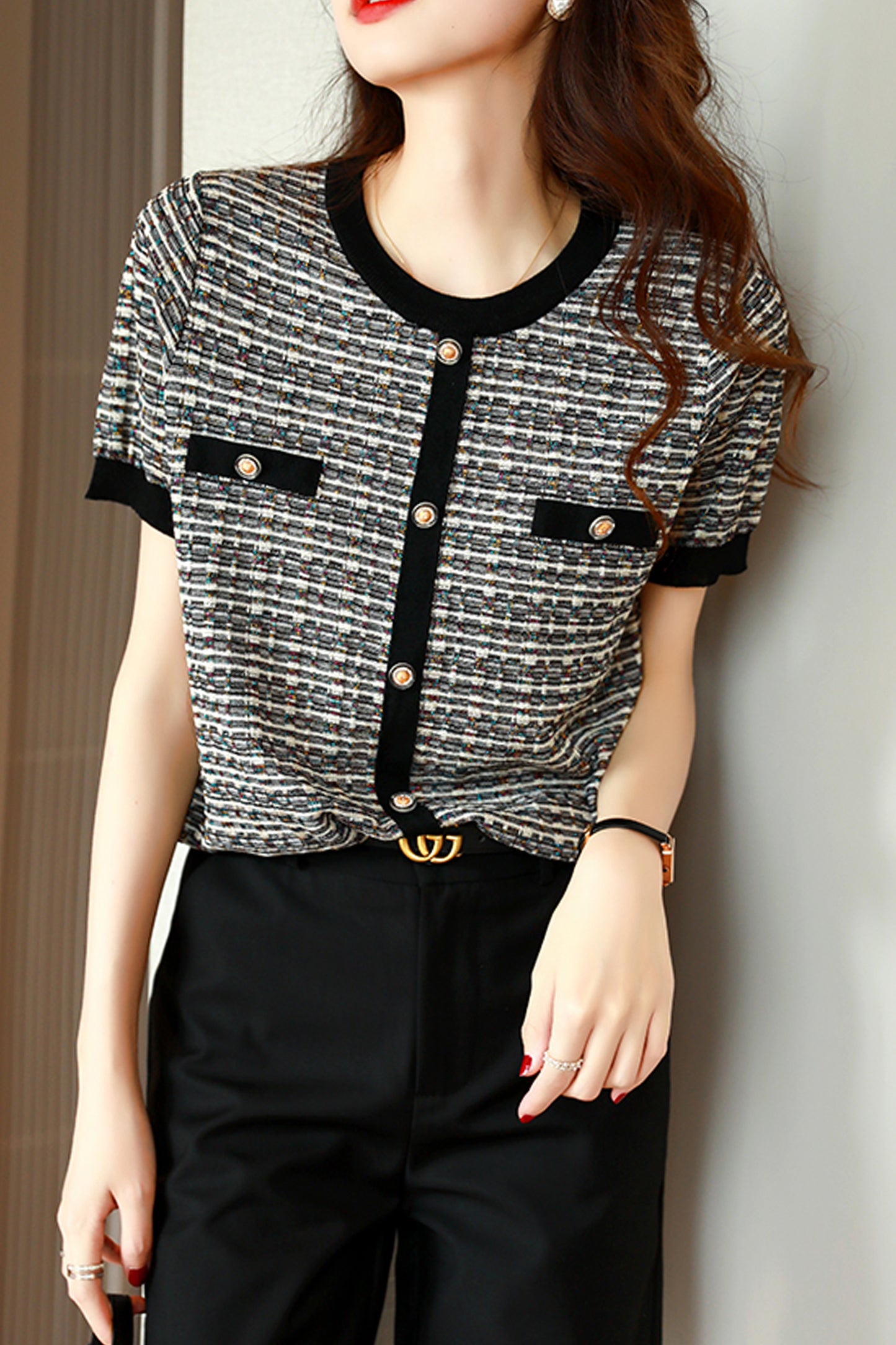 Women's Color Block Thin Knitted Sweater Shirt