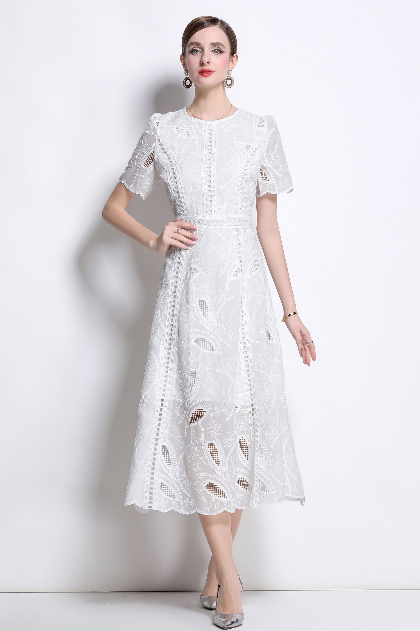 Women's Floral Lace Short Sleeve Evening Midi Dress