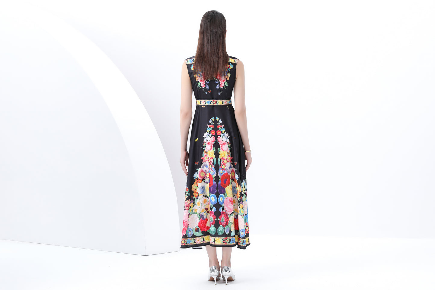 Women's Floral Print Sleeveless V Neck Maxi Dress