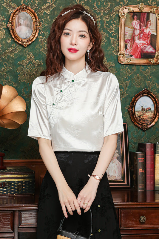 Women's Silk Satin Tops Button Jacquard Blouse