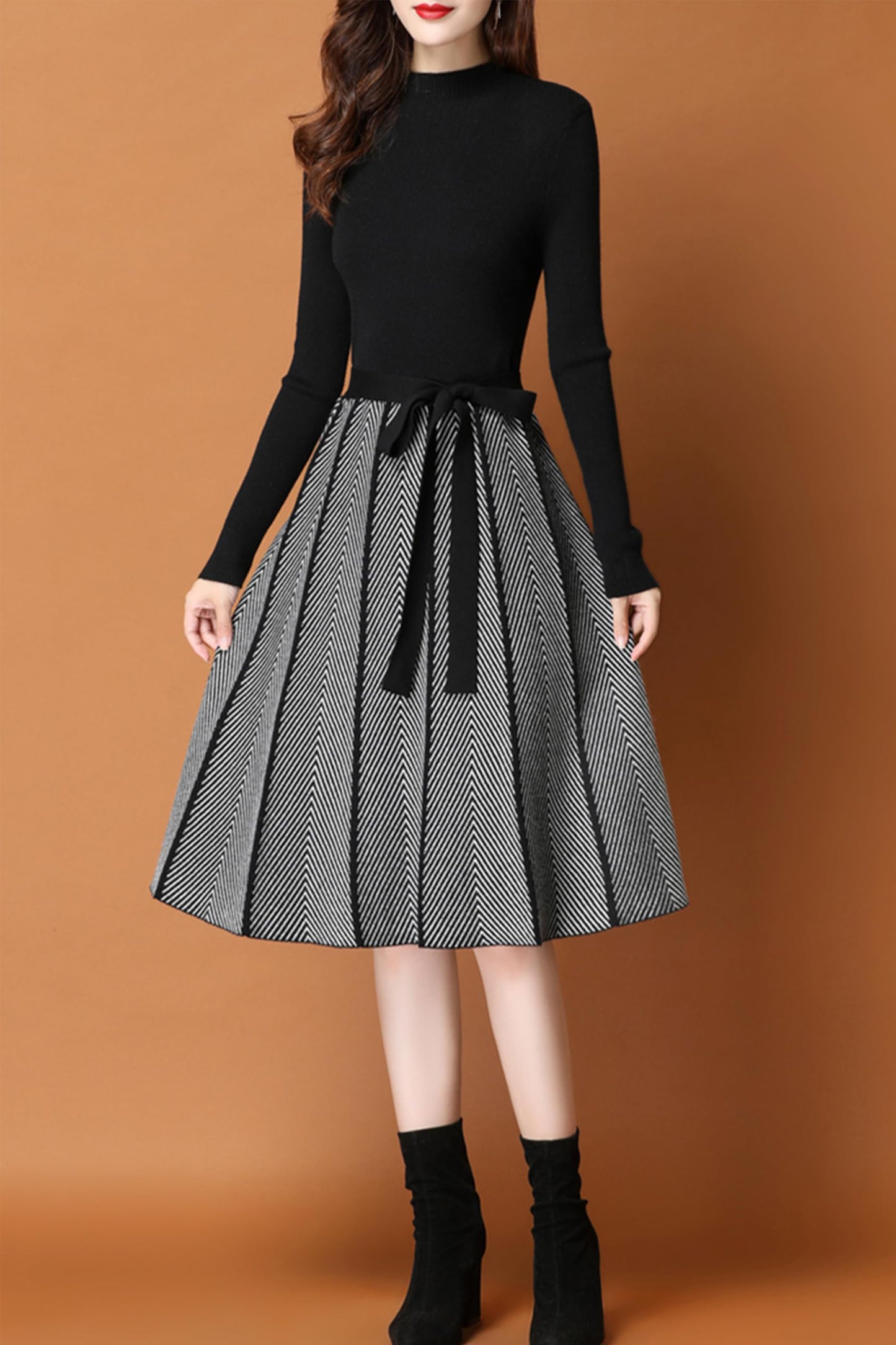 BK-Long Sleeve Sweater Stripes Pullover Midi Dress - LAI MENG FIVE CATS