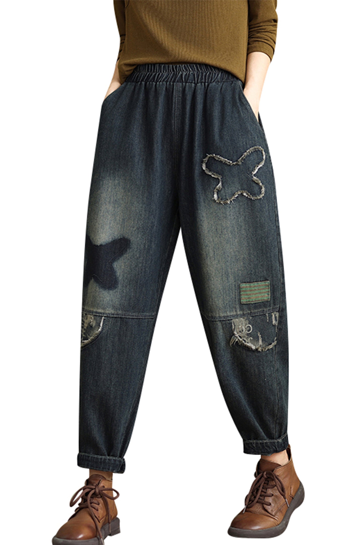 Women's Baggy Jeans Pattern Elastic Waist Casual Harem Pants - LAI MENG FIVE CATS