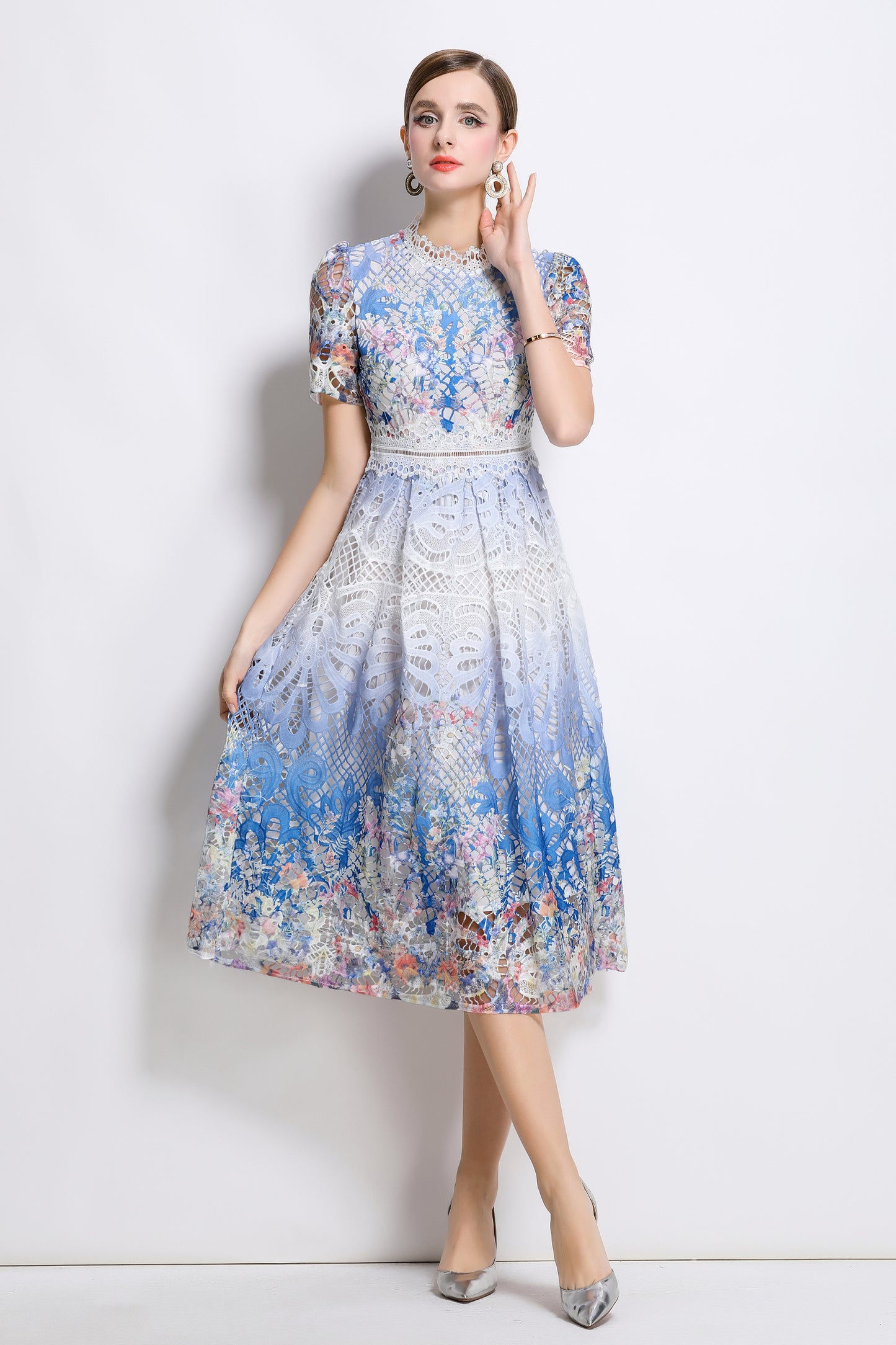 Women's Lace Floral Short Sleeve Midi Dress