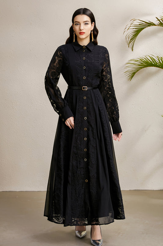Women's Floral Print Lace Puff Sleeve Maxi Dress
