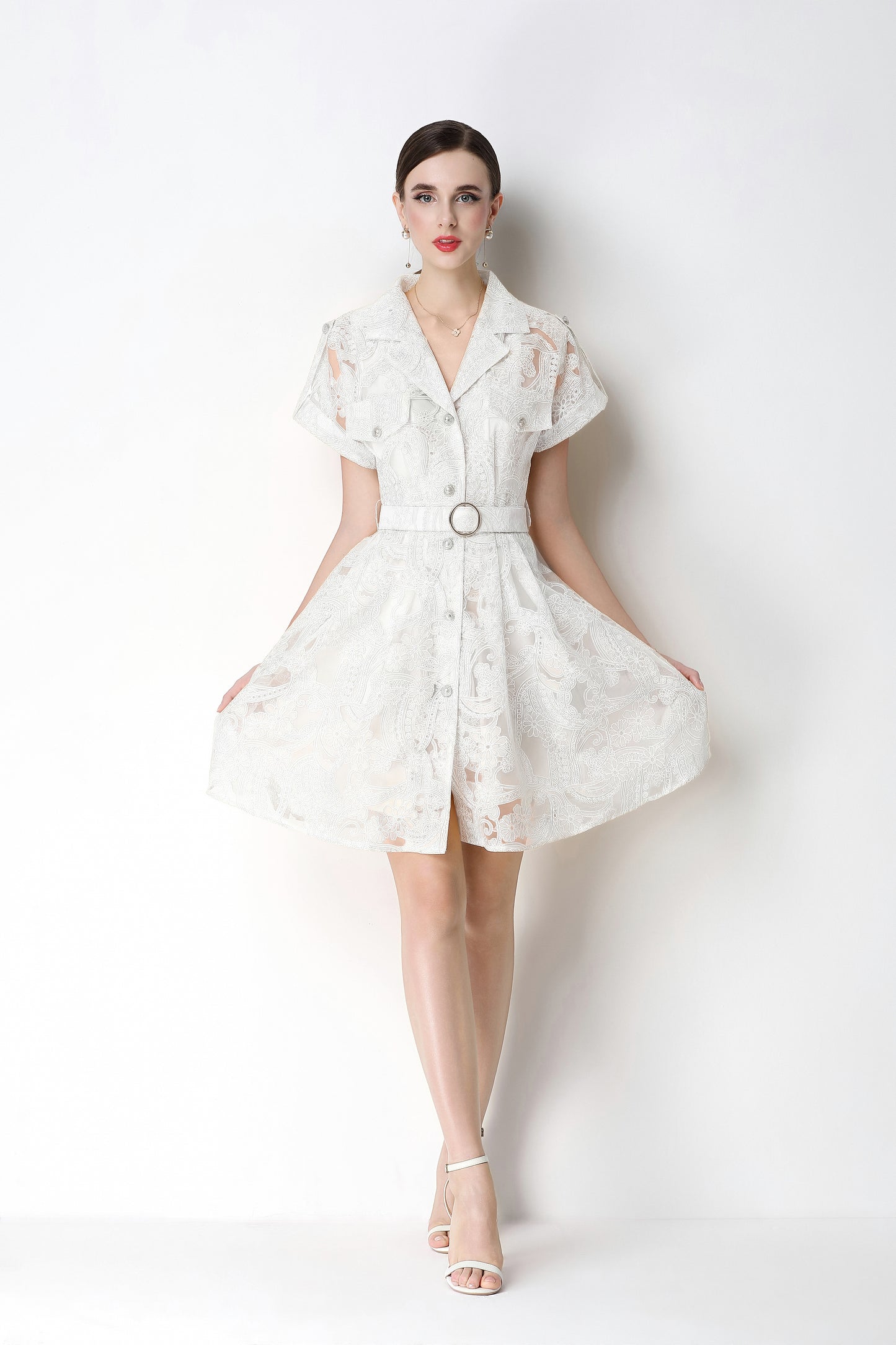 Lvory Lace Belted Shirt Dress With Belts - LAI MENG FIVE CATS