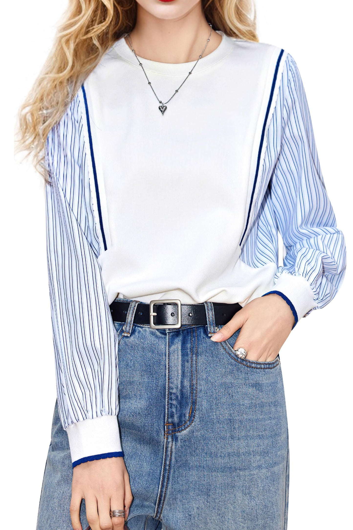Pullover Patchwork Stripe Blouse Knit Tops - LAI MENG FIVE CATS