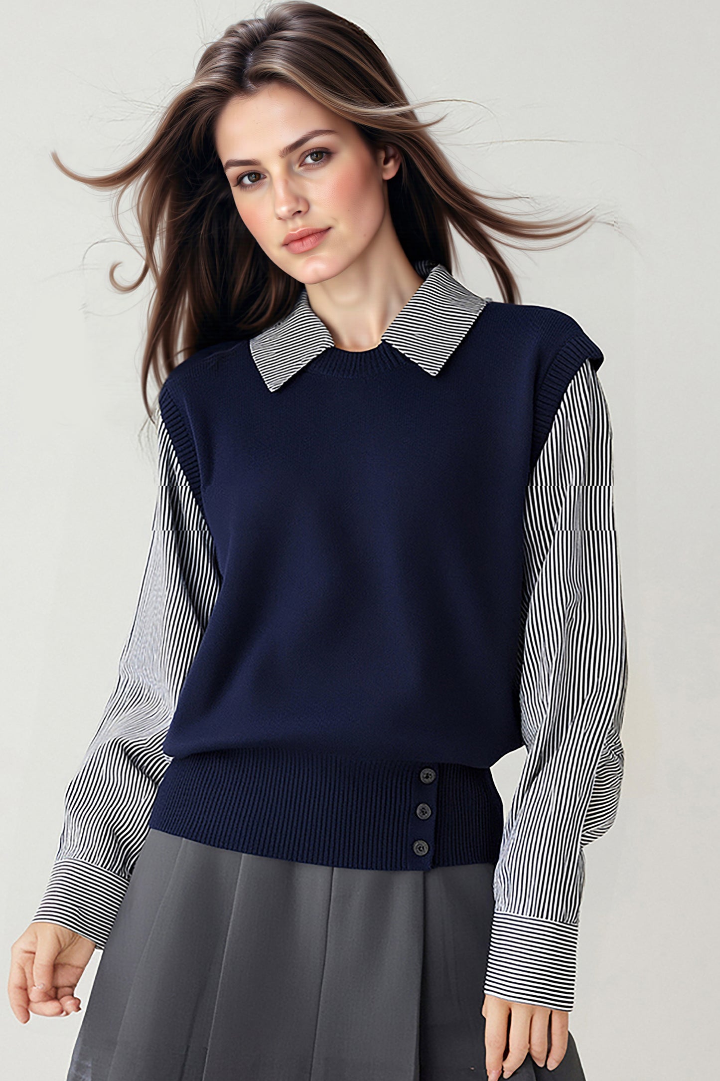 Women's Collared Stirpe Long Sleeve Pullover Sweater