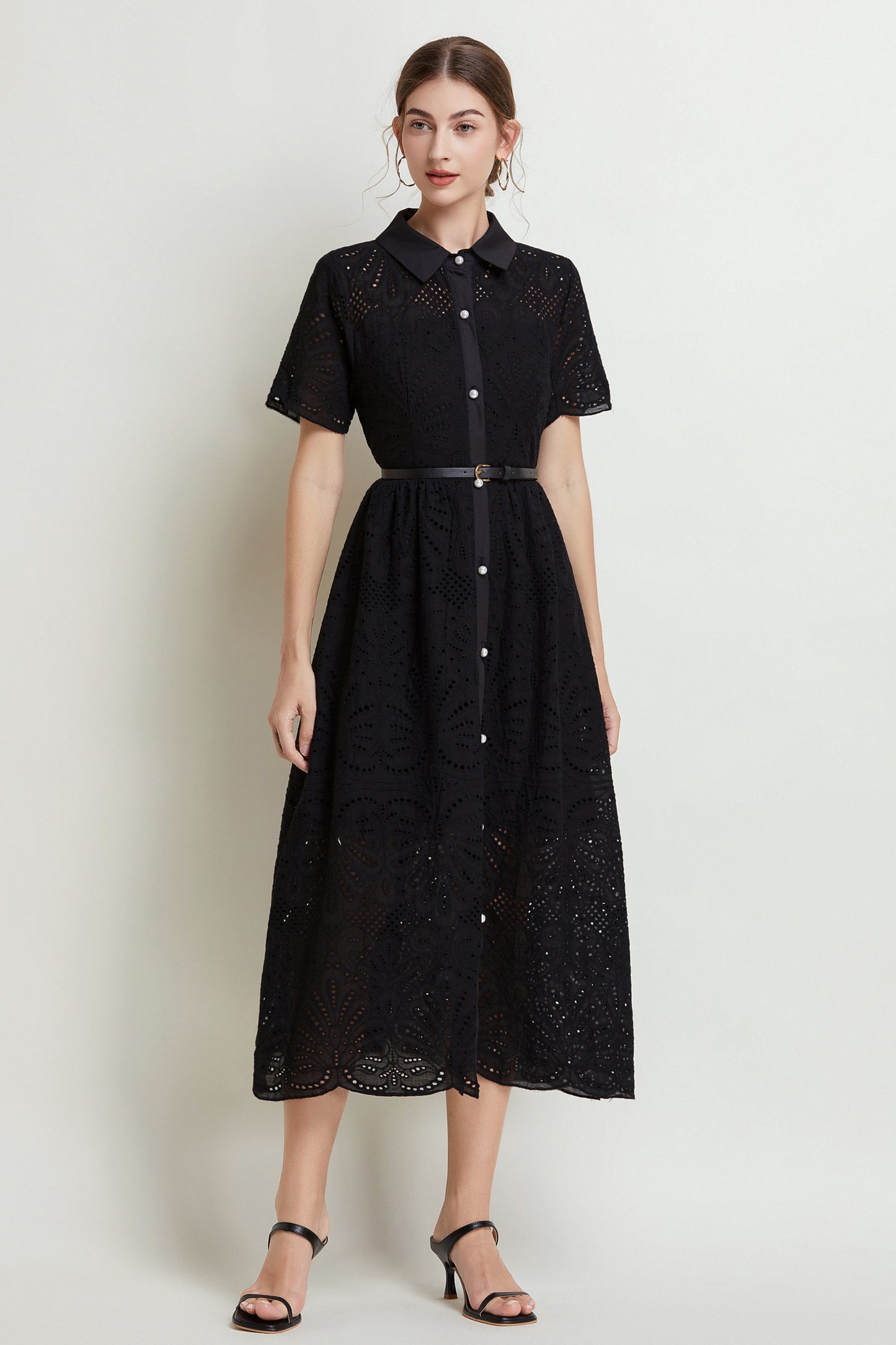 Women's Lace Hollow Collar Short Sleeve Midi Dress
