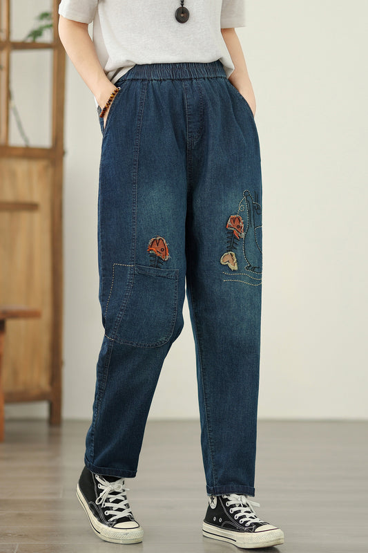 Women's Elastic Waist Embroidery Denim Jeans Pants