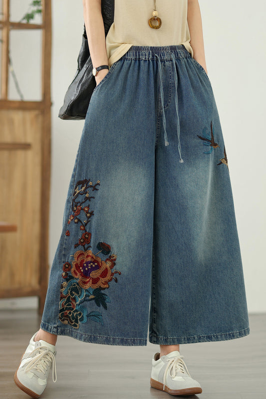 Women's Embroidery Elastic Waist Wide Leg Denim Pants