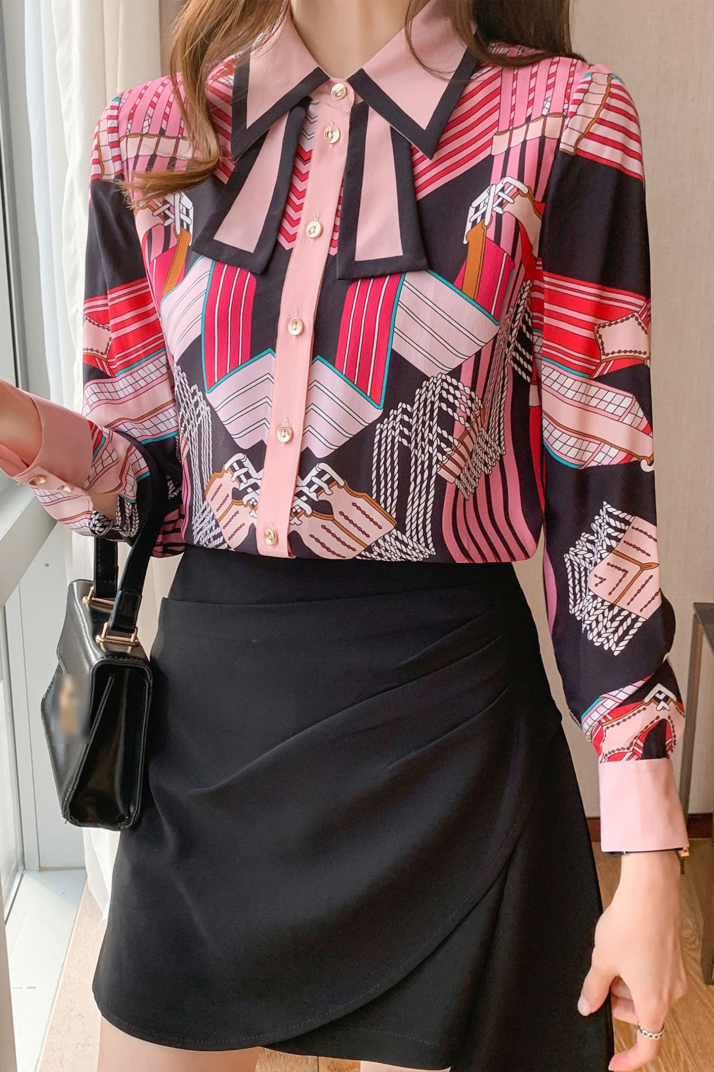 B20-Women's Tie Neck Floral Print Long Sleeve Blouse Top - LAI MENG FIVE CATS