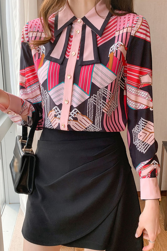 B20-Women's Tie Neck Floral Print Long Sleeve Blouse Top - LAI MENG FIVE CATS