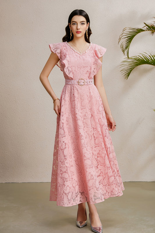 Women's Pearl V-Neck Lace Sleeveless Ruffled Sleeves Maxi Dress