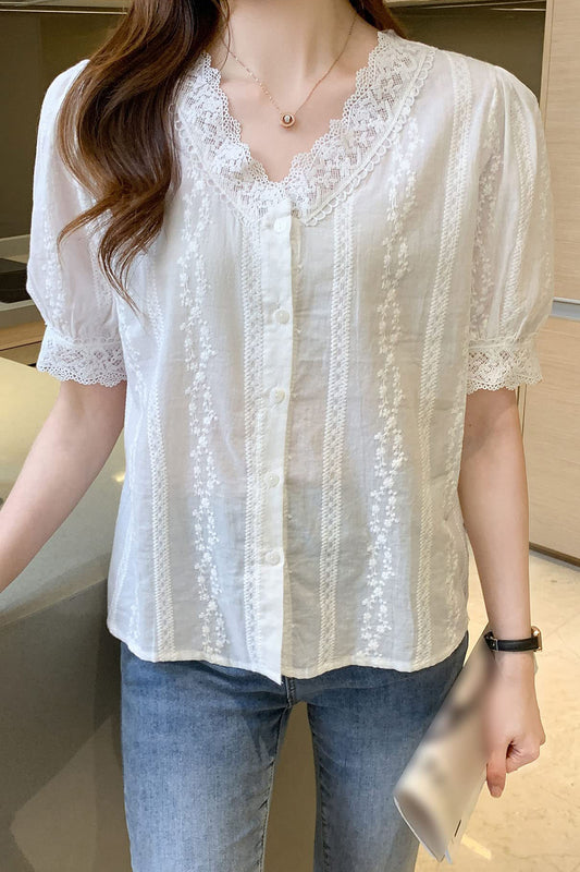 V Neck Lace Crochet Tops Shirts - LAI MENG FIVE CATS