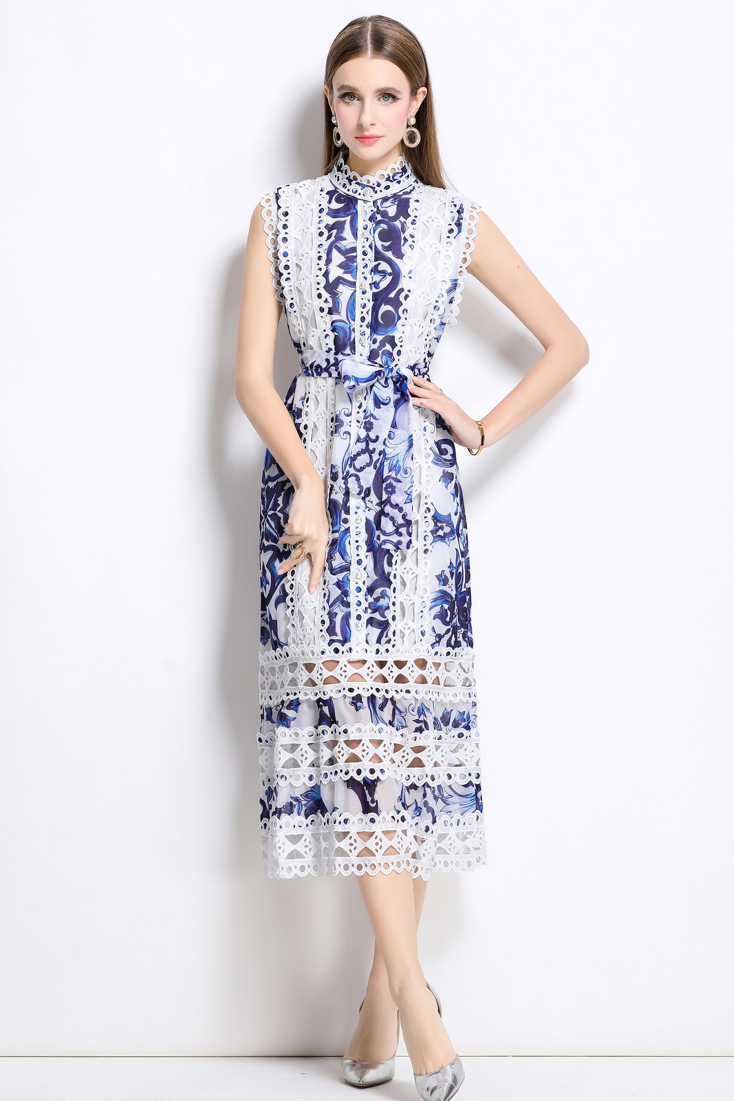 Women's Sleeveless Hollow Out Lace Midi Dress