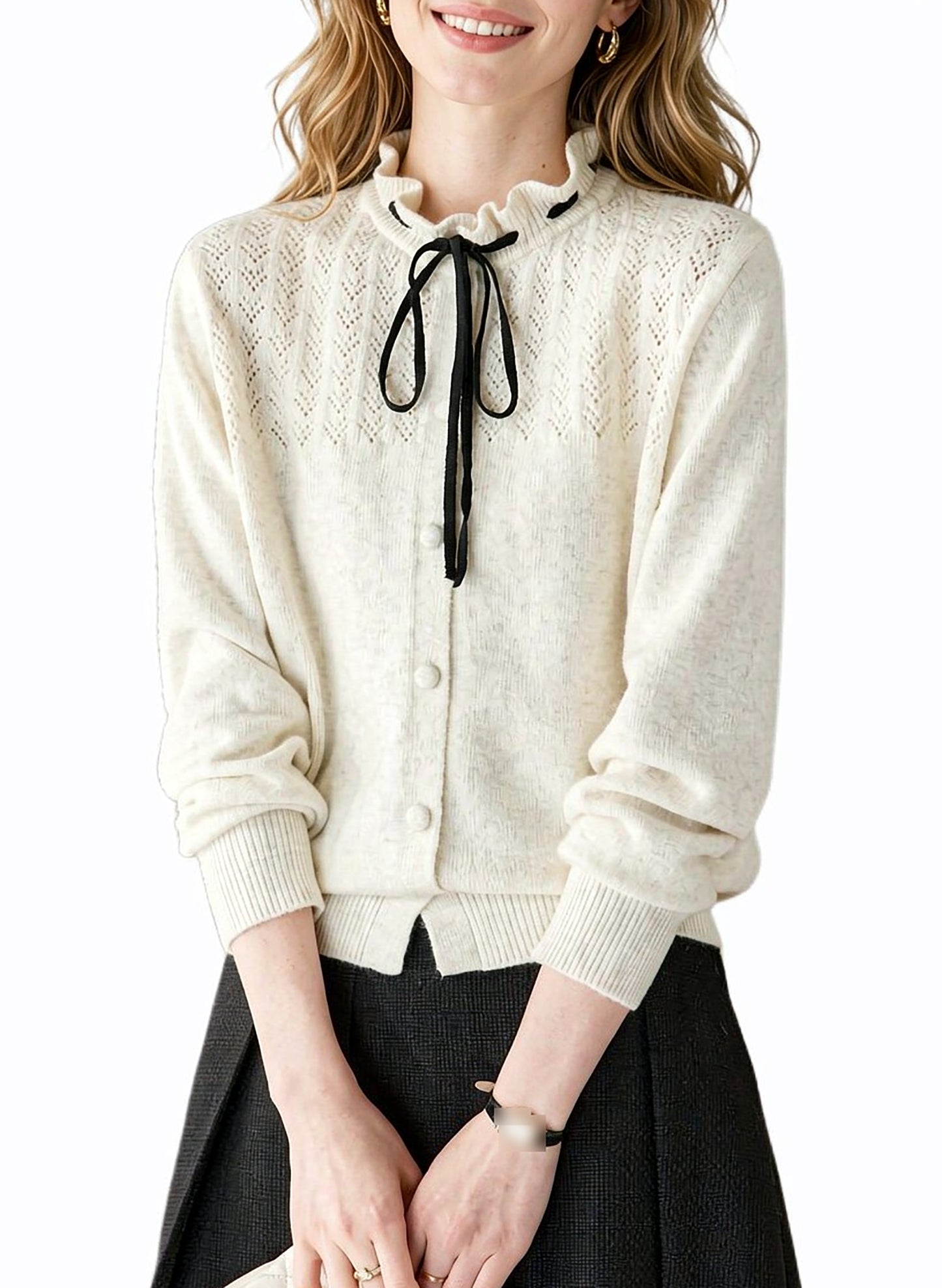Ribbon Tie Knit Cardigan Long Sleeve Elegant Sweater Tops