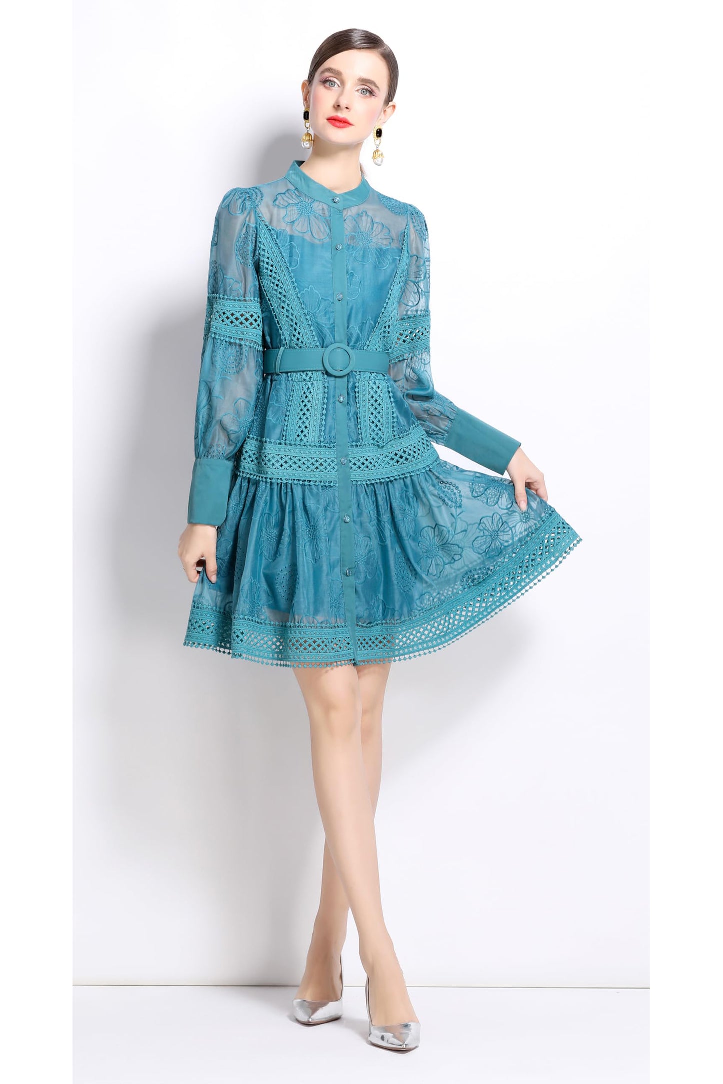 BK-Womens Hollow Lantern Sleeve Mini Dress - LAI MENG FIVE CATS