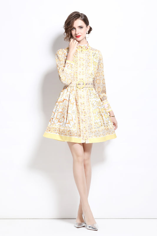 BK-Floral Print Long Sleeve Mini Dress with Belt