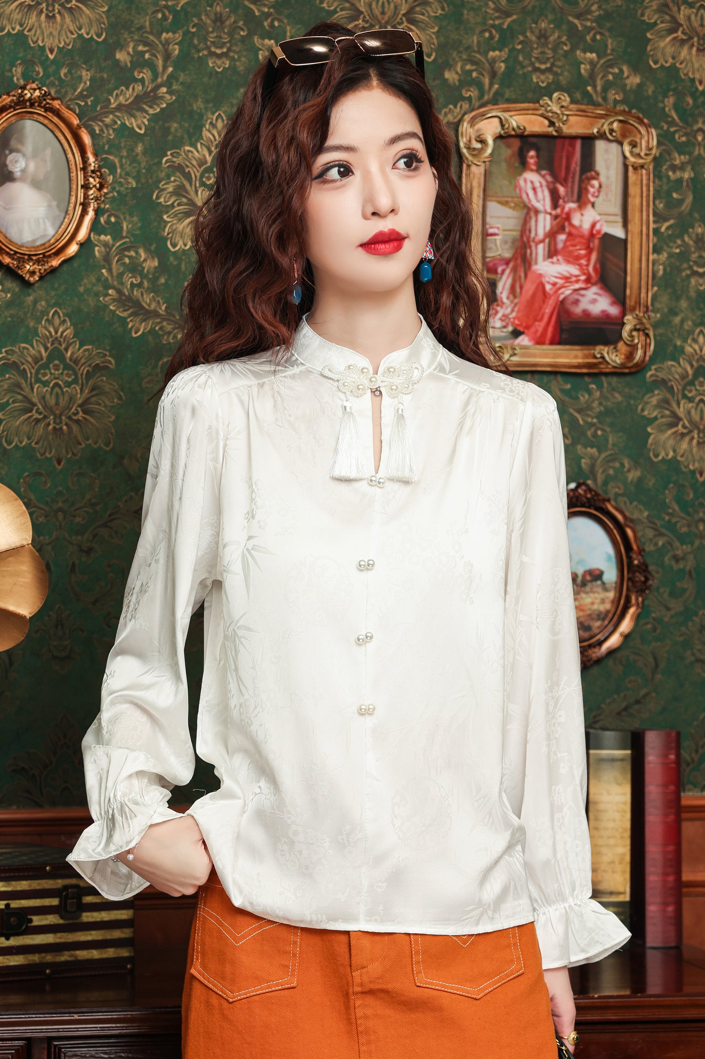 Women's Silk Satin Pearl Jacquard Blouse Top