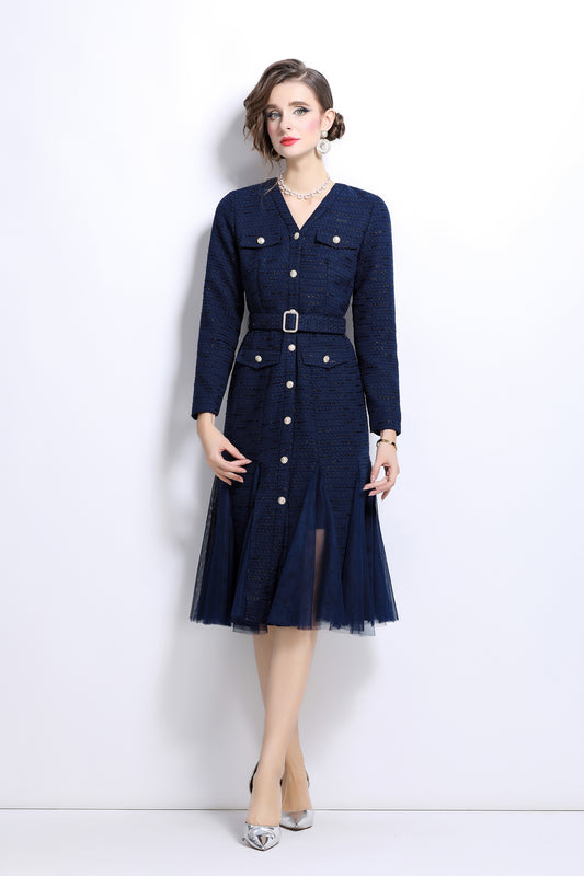 Buttons Pockets Belt Mesh Midi Dress