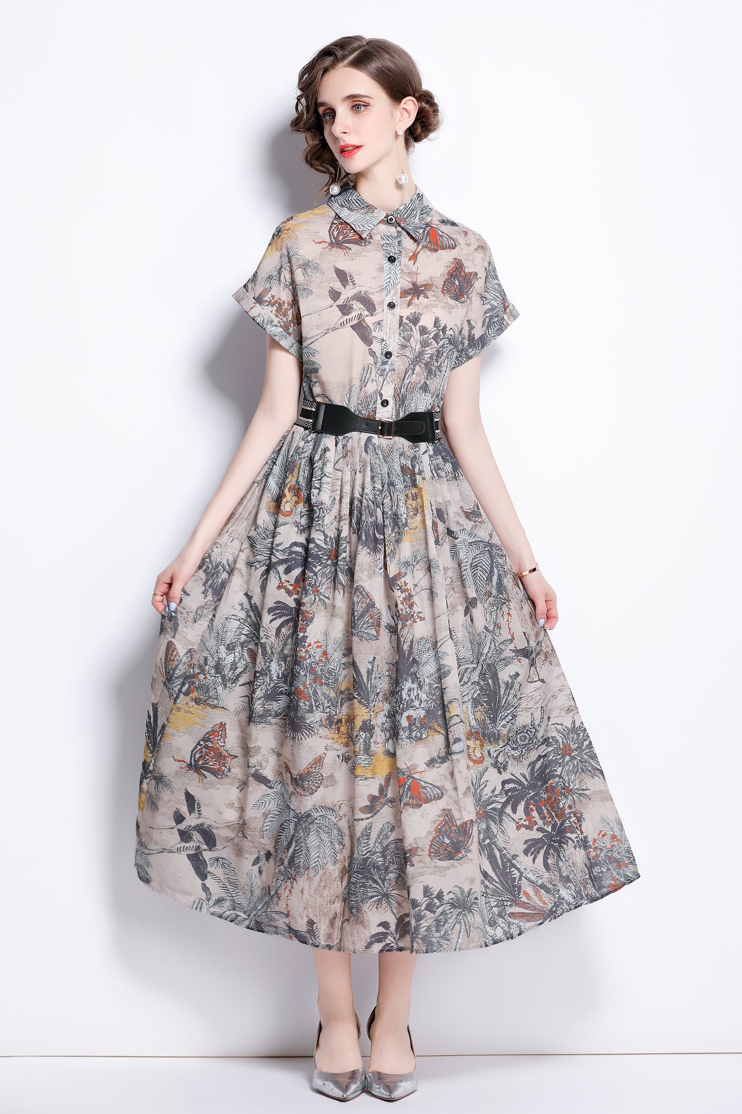 Women's Short Sleeves Collar Printed Midi Dress