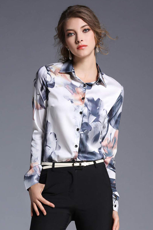 BK-Floral Print Long Sleeve Satin Shirt - LAI MENG FIVE CATS