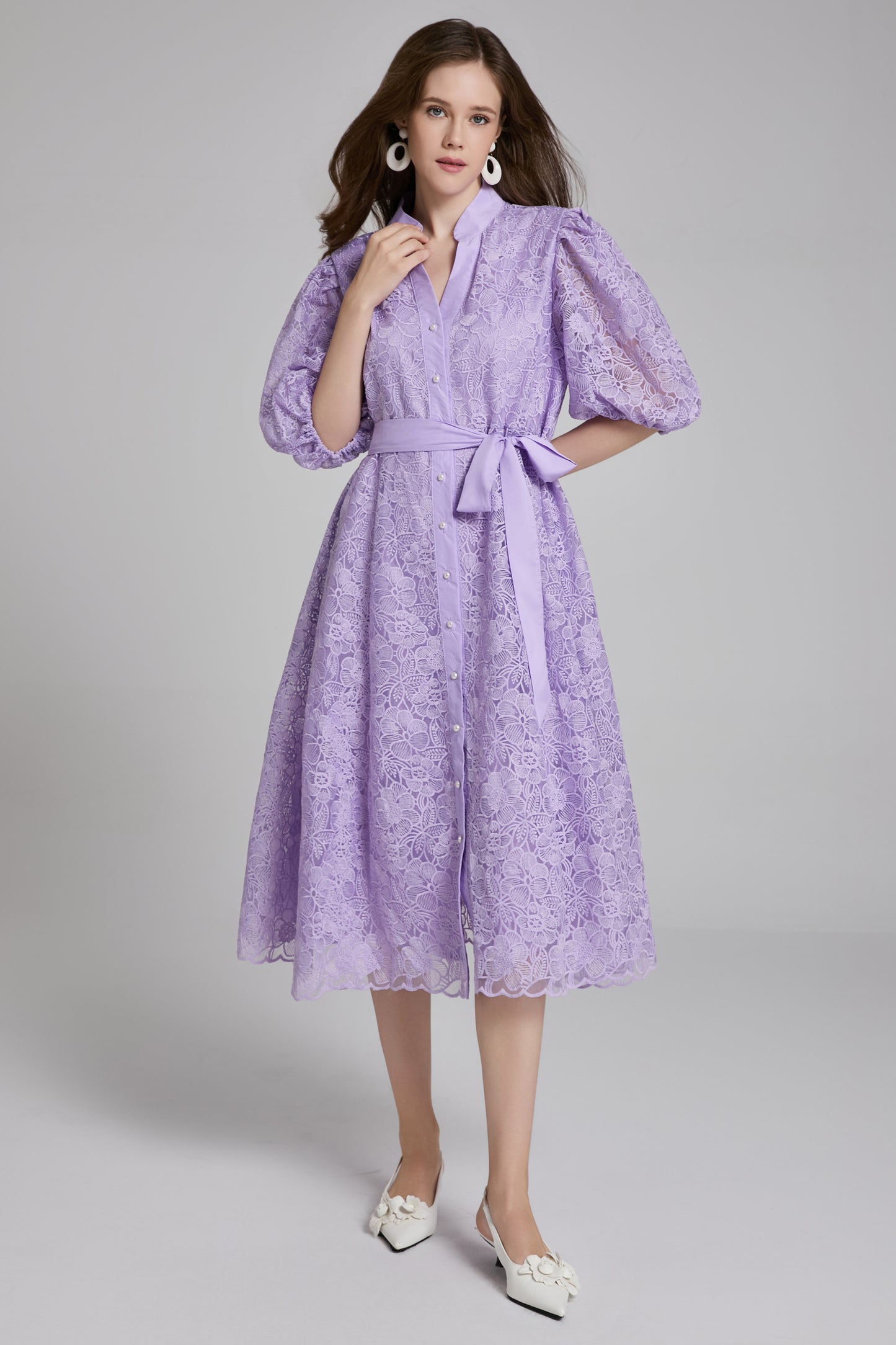 Women's Lace Embroidery Puff Sleeve Midi Dress
