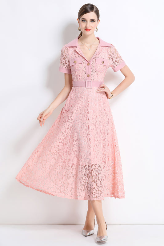 Women's V Neck Lace short Sleeves Midi Dress