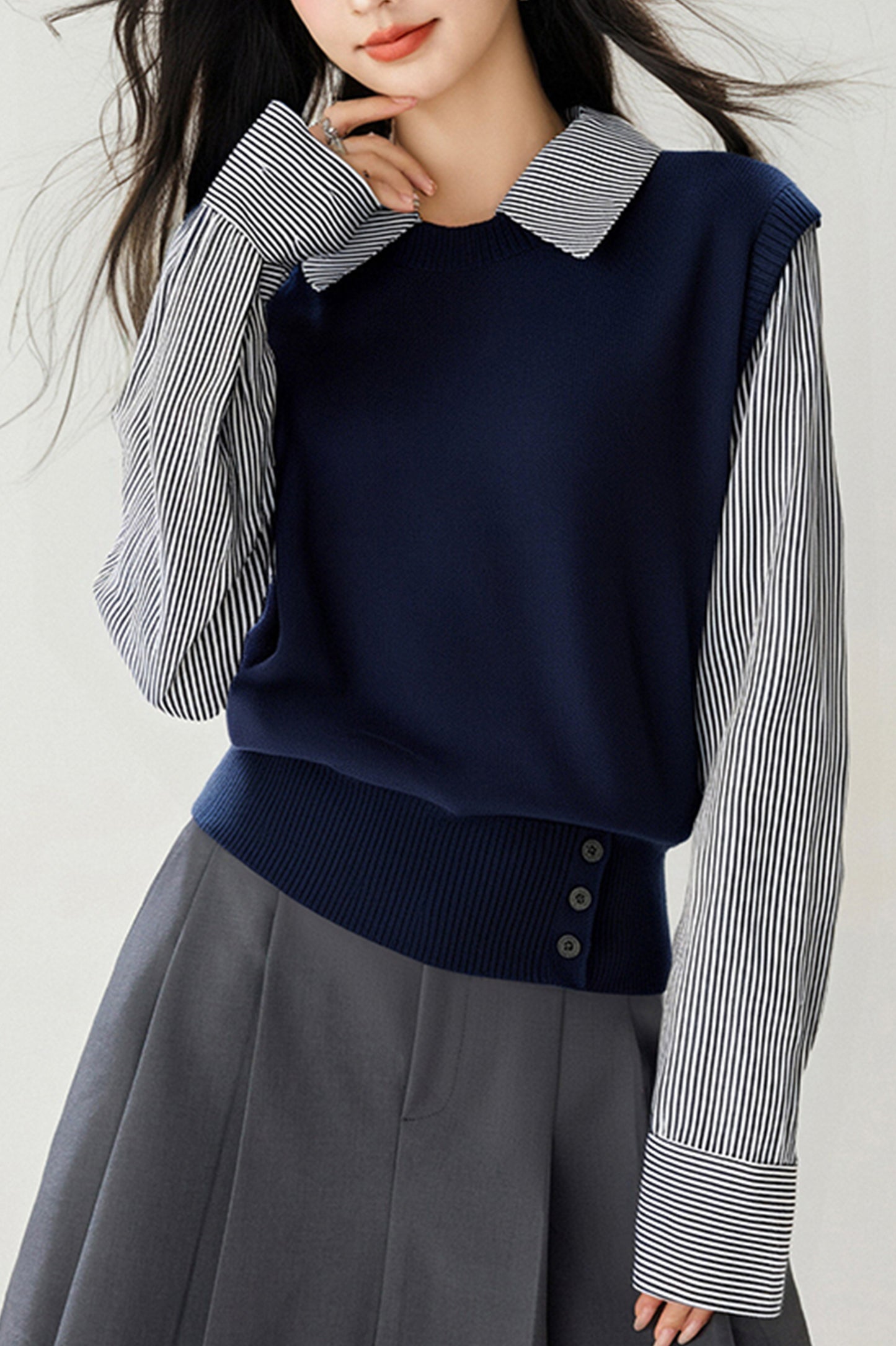 Women's Collared Stirpe Long Sleeve Pullover Sweater