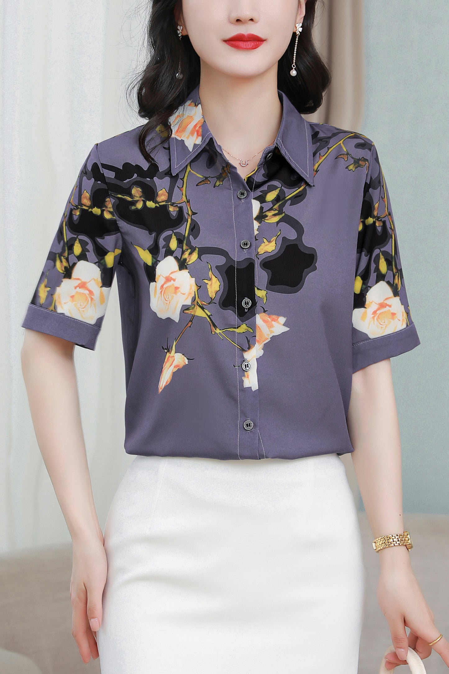Women's Collared Floral Print Blouse Short Sleeve Tops