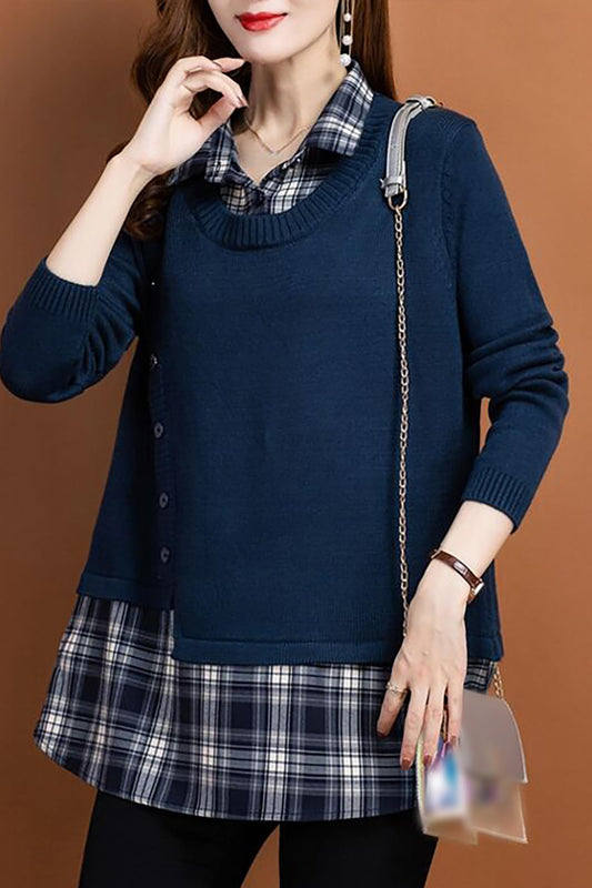 Knit Collar Patchwork Blouse Tops - LAI MENG FIVE CATS