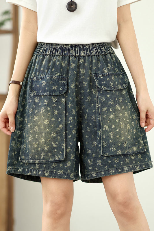 Women's Jeans Elastic Waist Wide Leg Denim Short