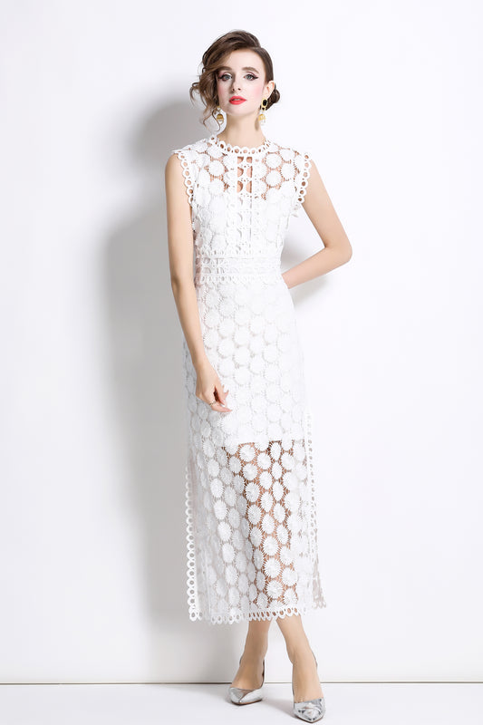 Women's Lace Eyelet Sleeveless Split Midi Dress
