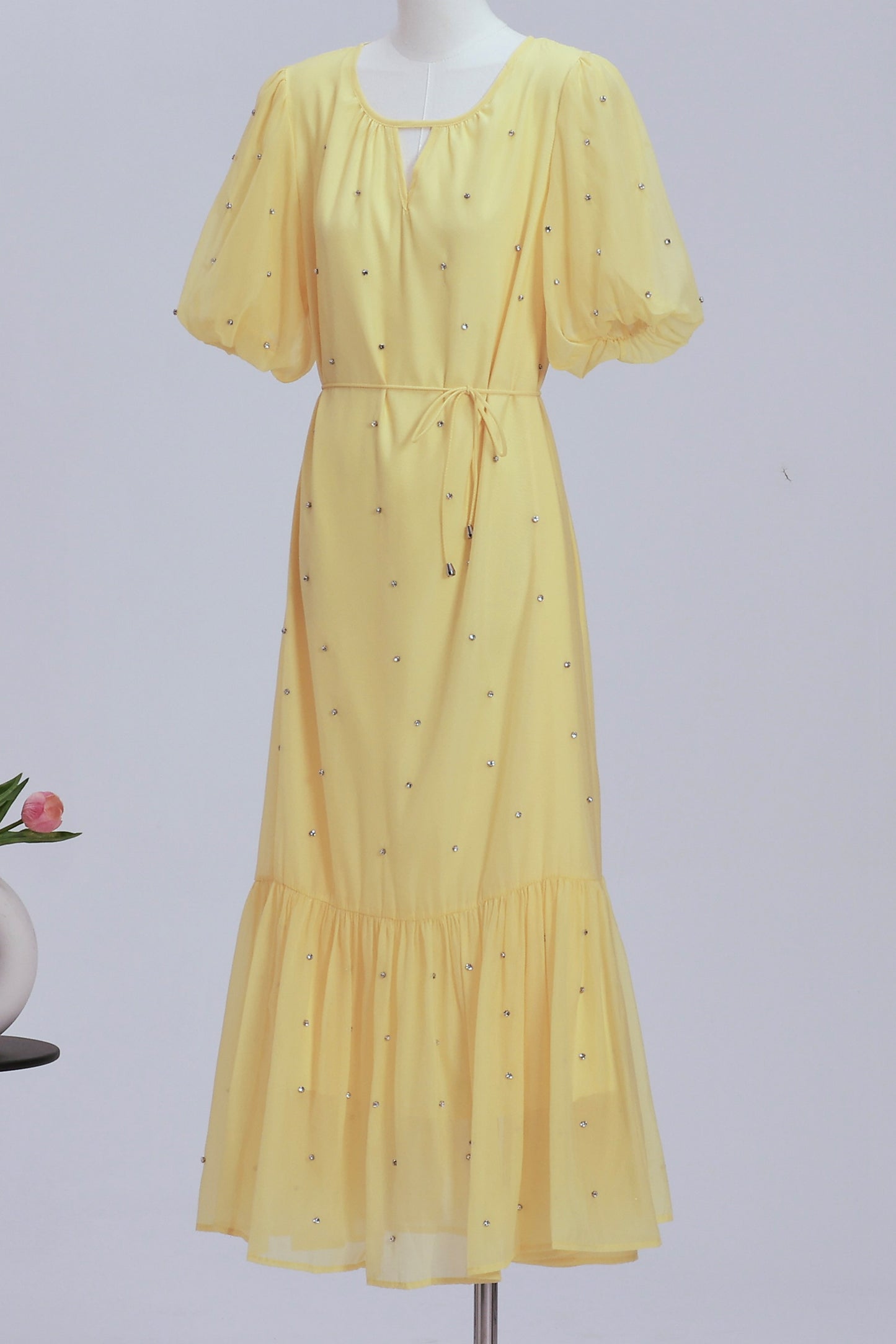 Women's Beaded Ruffled Puff Sleeve Maxi Dress