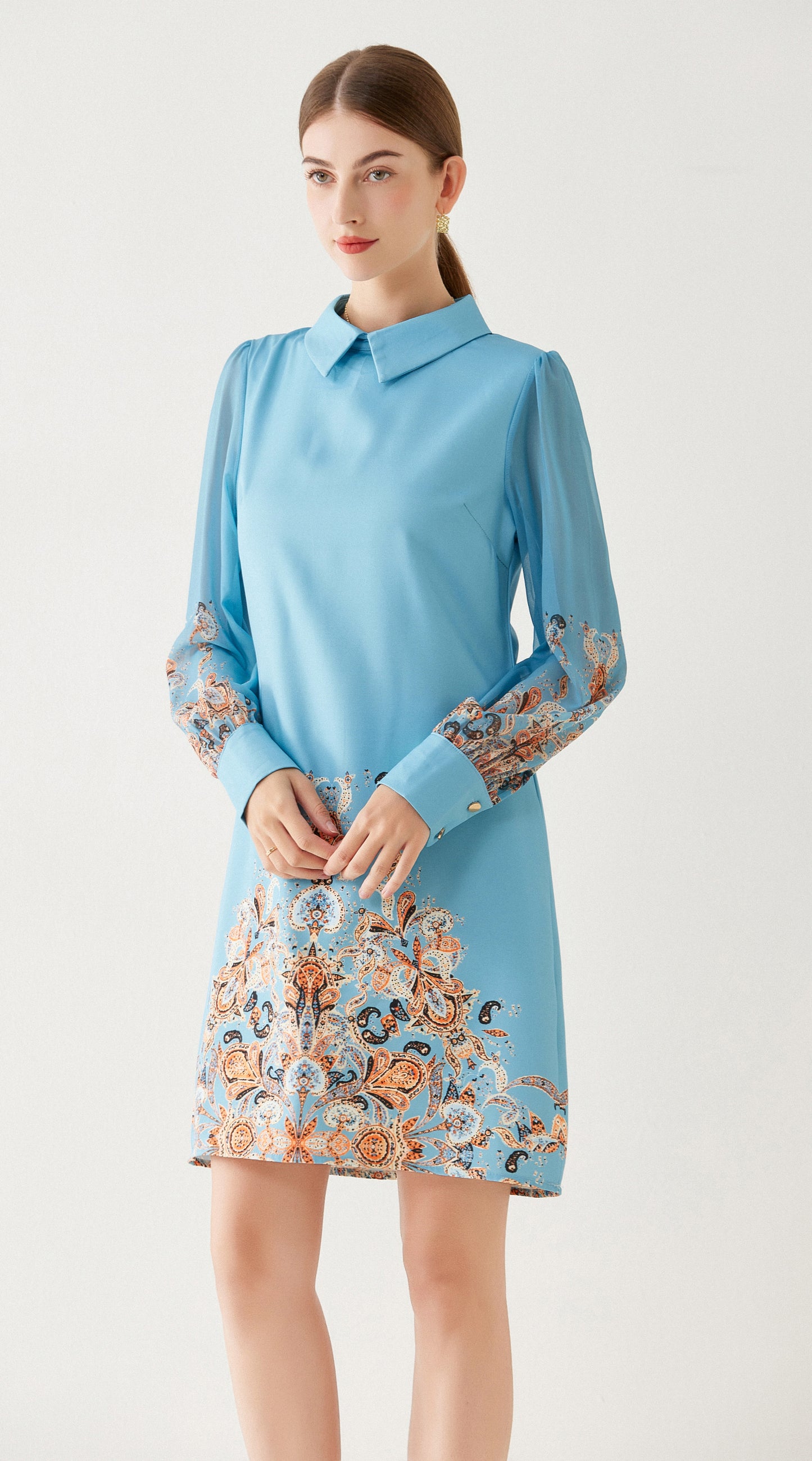 Blue Floral Mini Dress with Chiffon Sleeves - LAI MENG FIVE CATS