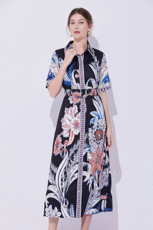 Women's Short Sleeve Button Floral Print Midi Dress