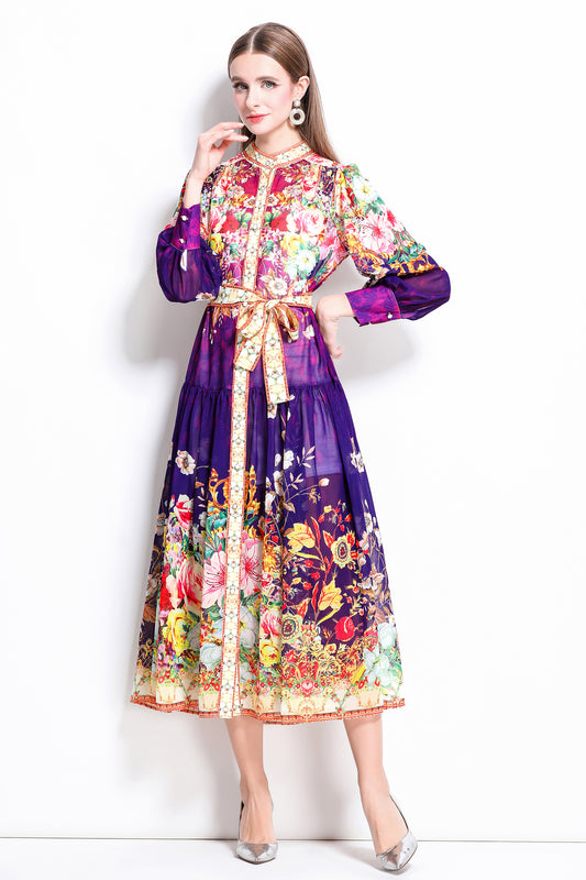 Women Floral Print Puff Sleeve Split Sheer Maxi Dress