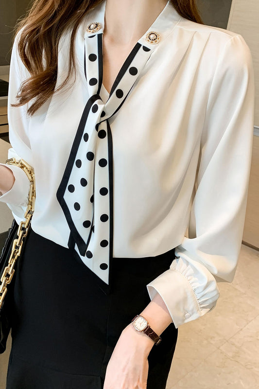 BK-Tie Neck Long Sleeve Loose Blouse Top