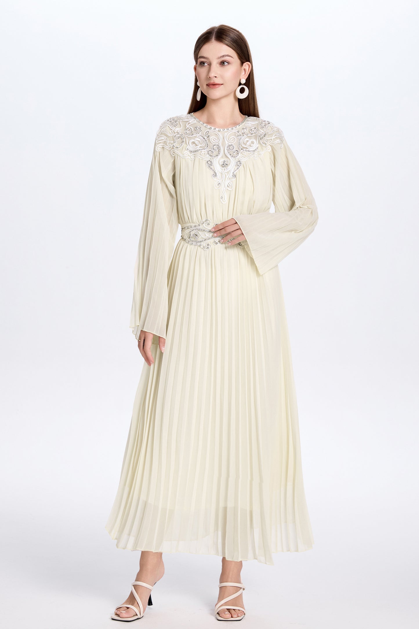 Women's Chiffon Beaded Flare Sleeves Maxi Dress