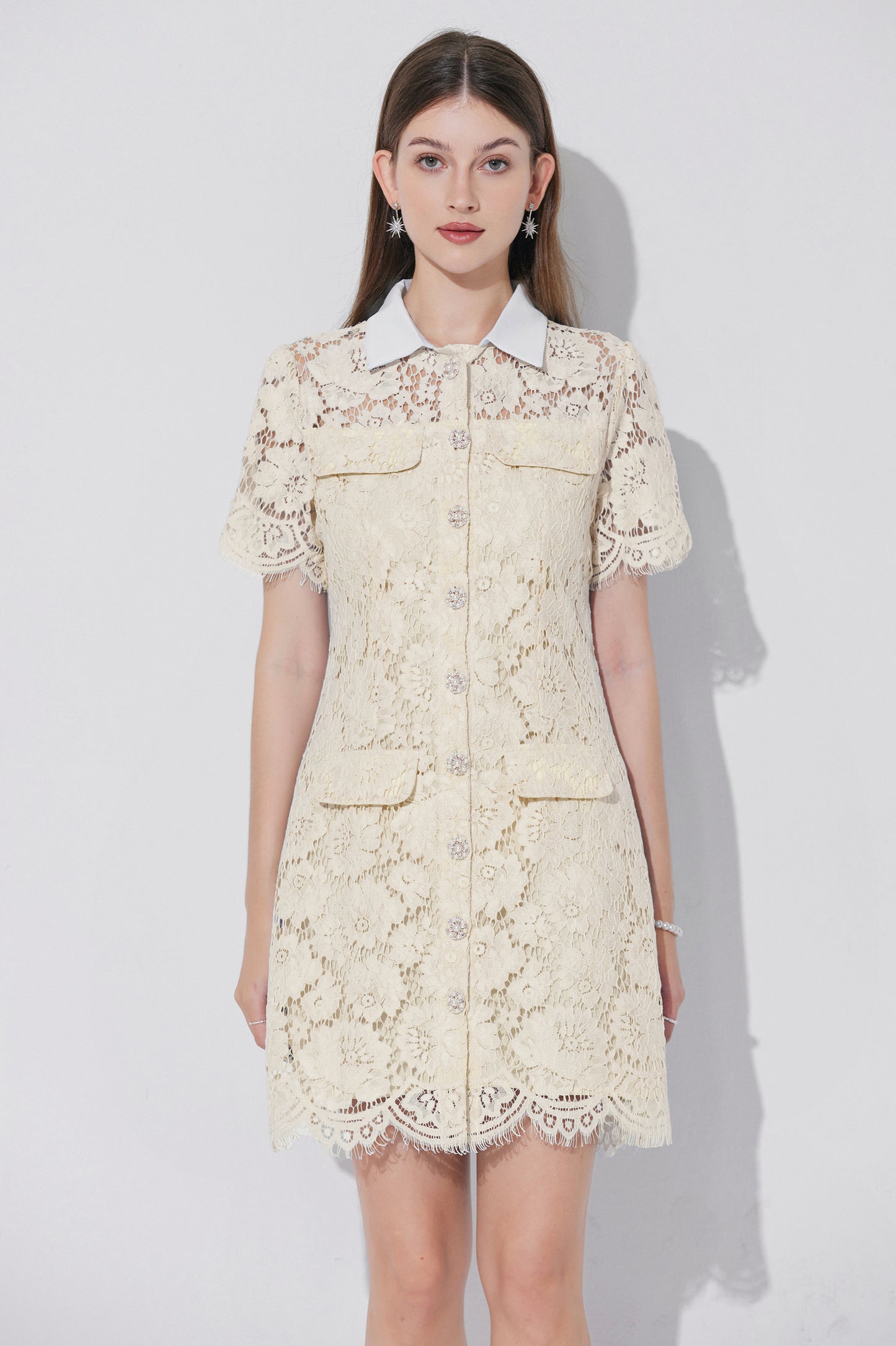 Women's Lace Floral Contrast Collar Mini Dress
