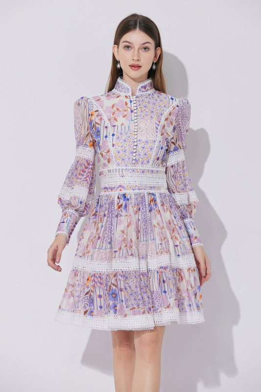 Women's Puff Sleeves Hollow Mesh Mini Dress