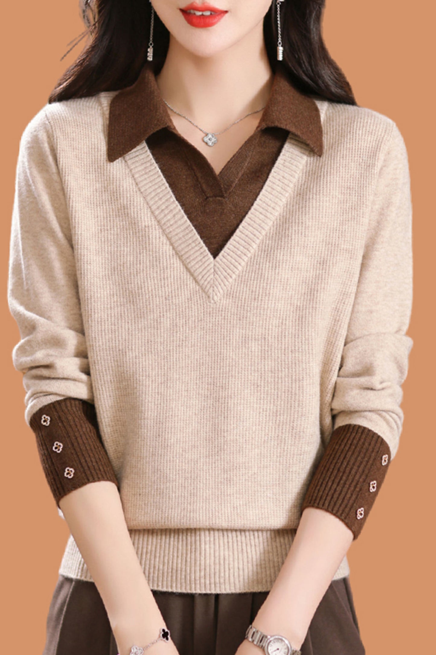 Women's Polo Contrast Collar Sweater Pullover Top